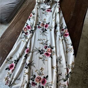 Blue Blush White Textured Floral Maxi Dress with Pink and Green Accents